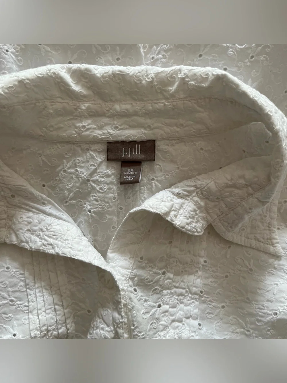 J.Jill White Eyelet Cotton Pintuck Popover Top 3/4 Sleeve Cottagecore Modest 2X